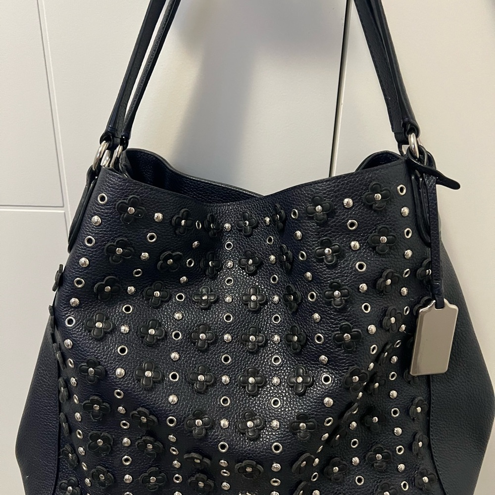 Coach in Dark Navy with black Studded flowers Shoulder Bag